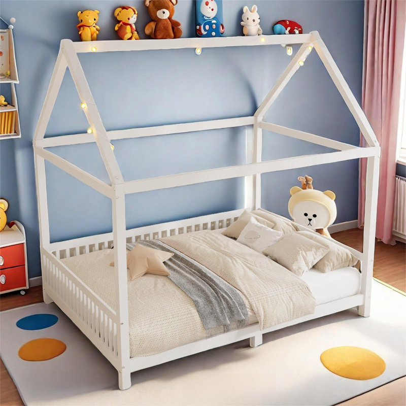 Lit de maison Akayla avec barrière de sécurité et conception à DEL, Double