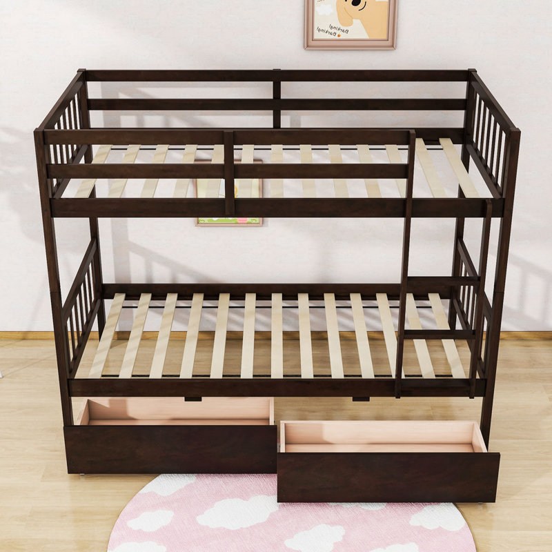 2 Drawers Wooden Bunk Bed with Ladder, Twin Over Twin, Espresso