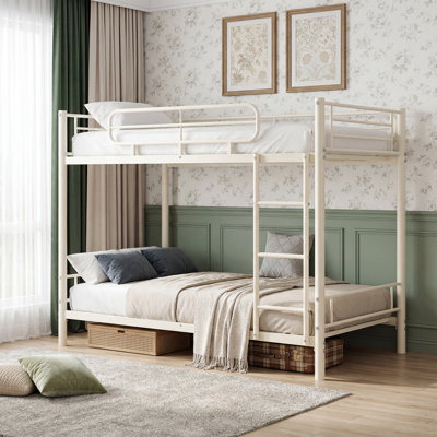 Heavy Duty Twin Over Twin Bunk Bed Frame, Sturdy Iron Metal Bed with Adjustable Ladder & 11.7" Guardrails, Space-Saving, White