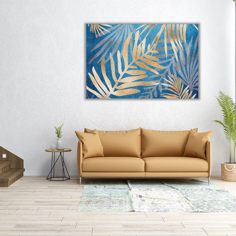 «Glam Leaves Blue», reproduction d'art sur toile, H 12 po x l 18 po
