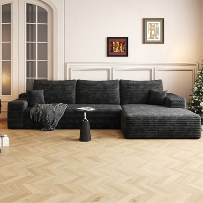 Canapé modulaire 107 po avec méridienne en L 107 po, canapé modulaire moderne avec assise profonde, canapé rembourré pour la chambre à coucher du salon, aucun assemblage requis, noir (tissu velours côtelé moelleux), noir