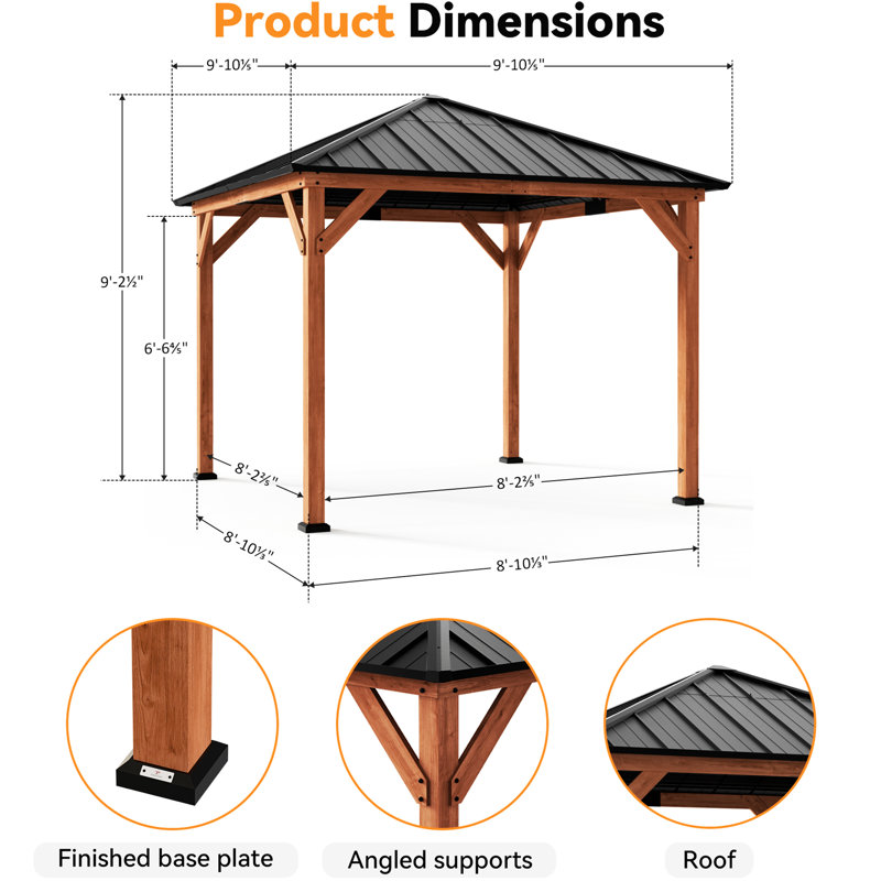Sequoia 10 ft.x10 ft. Premium Cedar Wood Hard Top Gazebo With Galvanized Steel  Roof
