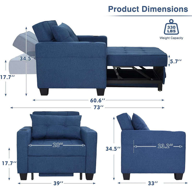 Latitude Run Linen Single Pull-out Sofa Bed 3 in 1 Convertible Chair, Navy Blue