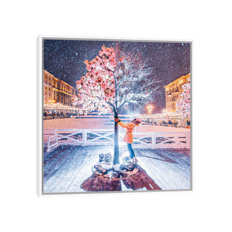 Printemps-hiver arbre par Hobopeeba-impression, H 26 po x l 26 po x P 1,5 po, Pas de tapis, Toile blanche encadrée