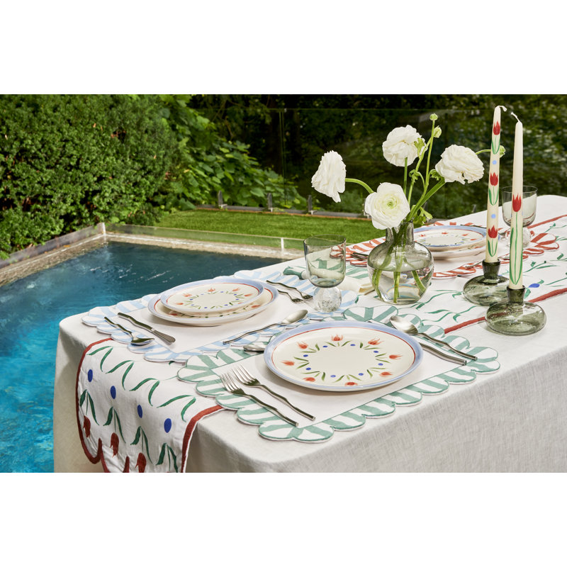 Embroidered Linen Scalloped Stripe Double-Sided Placemats, Orange