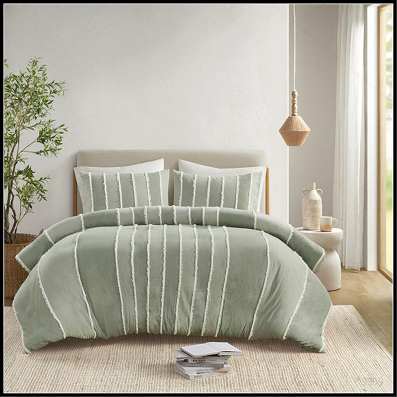 Ensemble de housse de couette en coton rayé pour lit double / grand 3 pièces, Rayures vertes