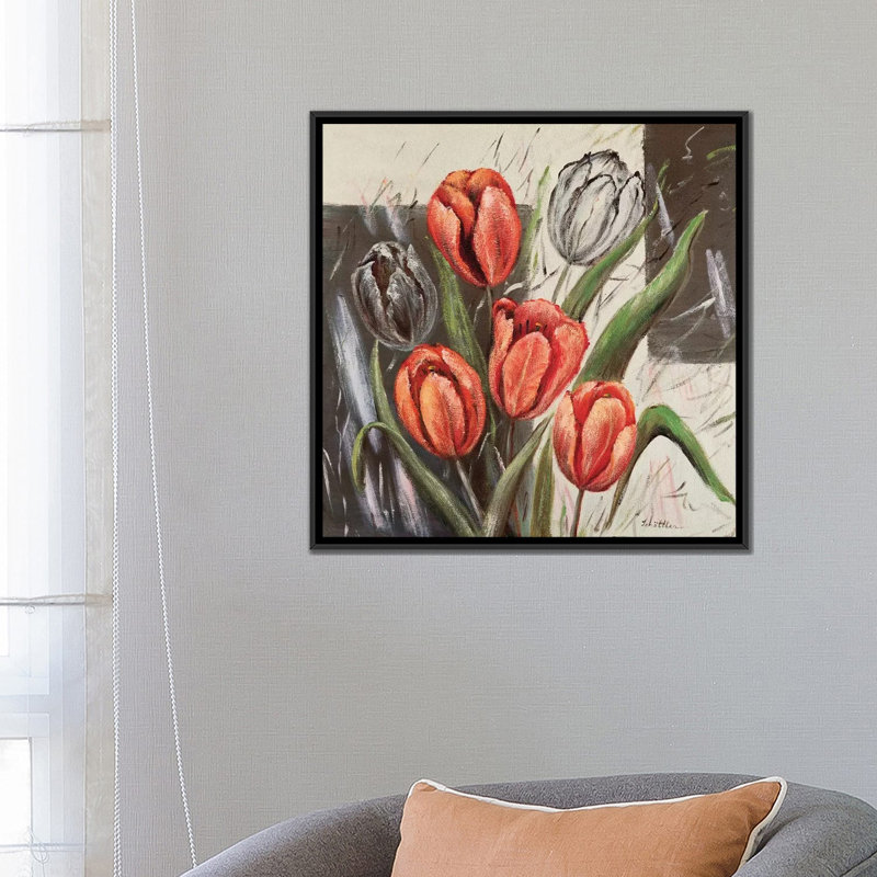 « orange tulipes », impression sur toile, H 26 po x l 26 po x P 1,5 po, Toile avec cadre noir, Pas de tapis