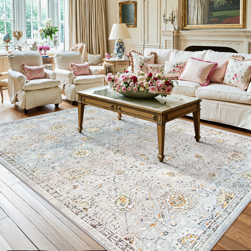 Boho Washable Area Rug for Living Room Soft Floral Rugs for Bedroom Aesthetic Floor Carpet, Rectangle 8' x 10'