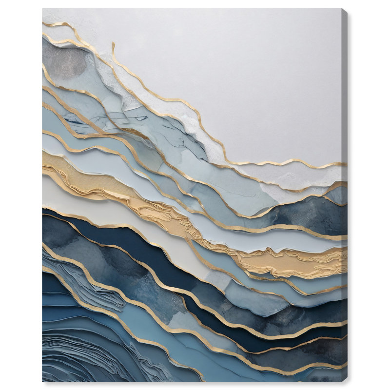 Art abstrait bleu sur toile dorée par Art Remedy, Toile tendue, H 20 po x l 16 po