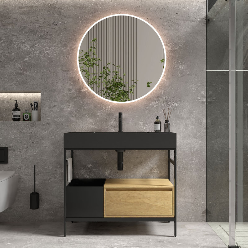36" Bathroom Vanity with Sink, Metal Legs, Towel Rack, Drawer & Laundry Basket, 1, Matte Black