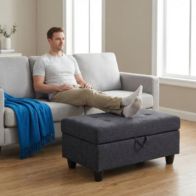 Black Grey Storage Ottoman | Flannel & Faux Leather | X-stitching | Solid Wood