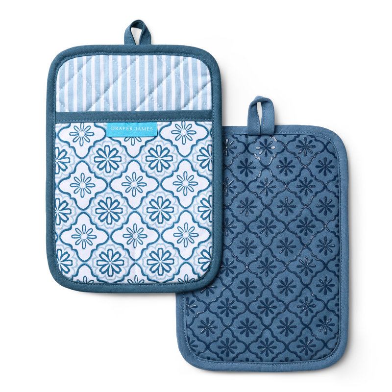 DRAPER JAMES Allover Geo Floral Pot Holder 2-Pack Set, Heat Resistant & Non-Slip Silicone Grip, Blue, 7"x10", Blue