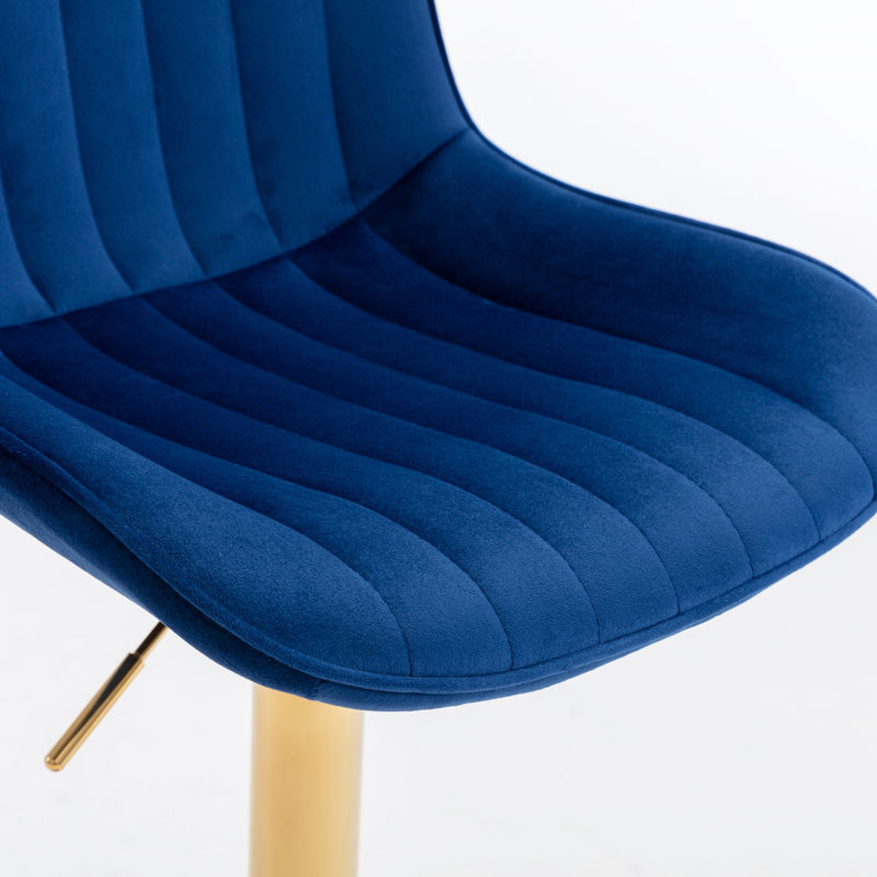 Ensemble de 2 tabourets de bar réglables avec repose-pieds chromé et levage mécanique, Siège bleu marine / cadre doré