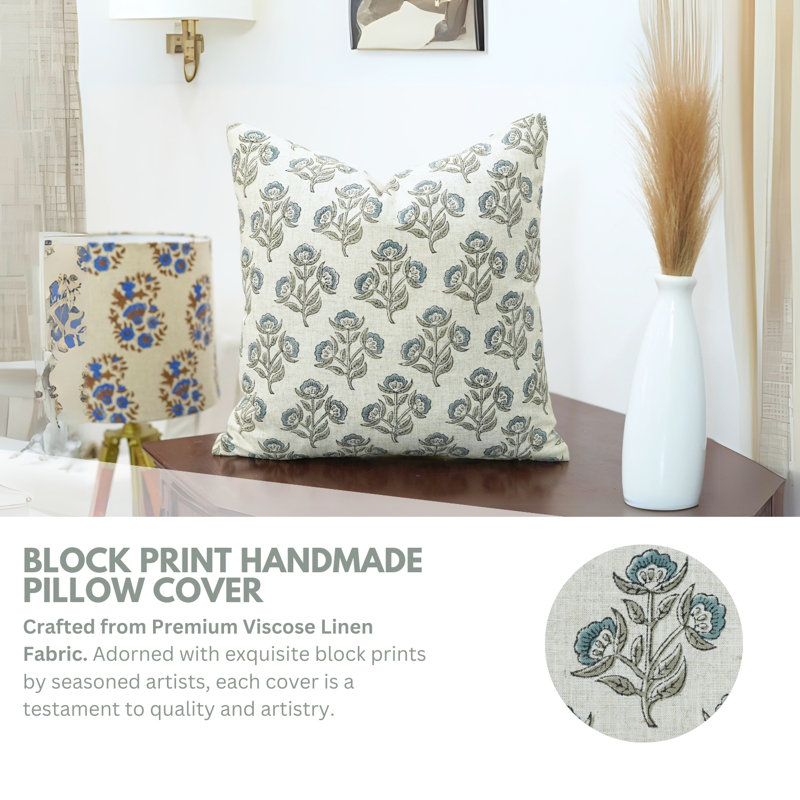 Housse de coussin en lin Fab divine, H 24 po x l 24 po, Floral bleu 1, Carré