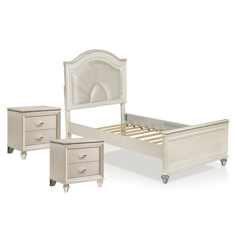 Ensemble de chambre à coucher 2 pièces Sienna, 2 Pcs: Bed, Nightstand, Pearl White, Twin