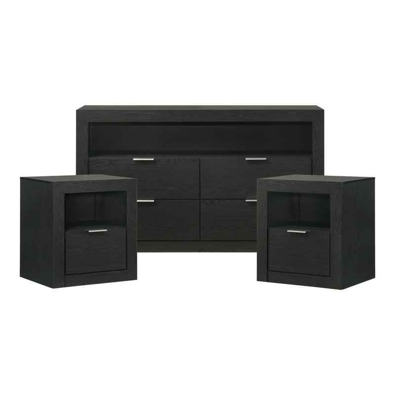 Table de chevet et commode 3 pièces Hildebran, Noir, 3 Pcs: Dresser, 2 Nightstands