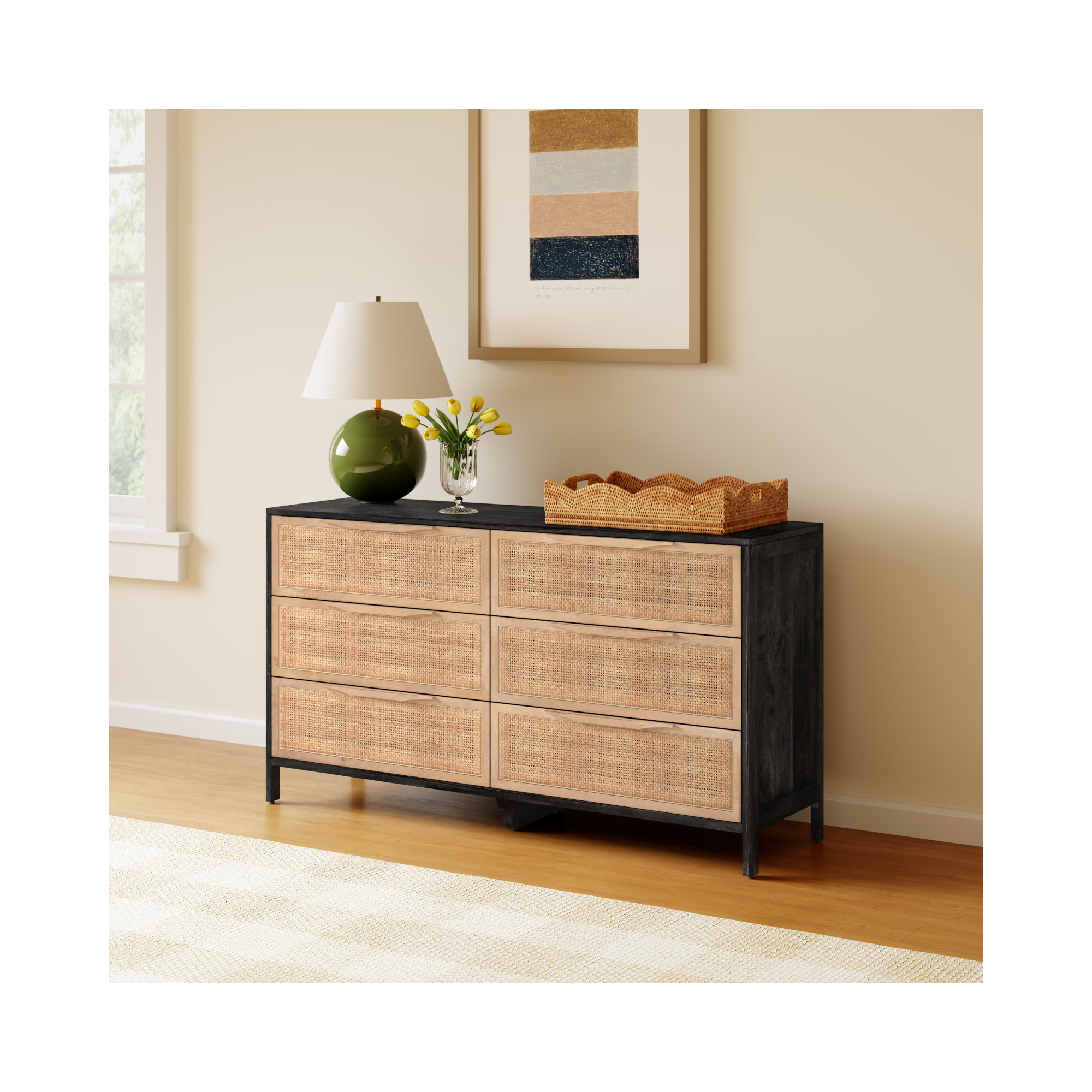 Nellie 6 Drawer Cane Dresser, Beige/Black