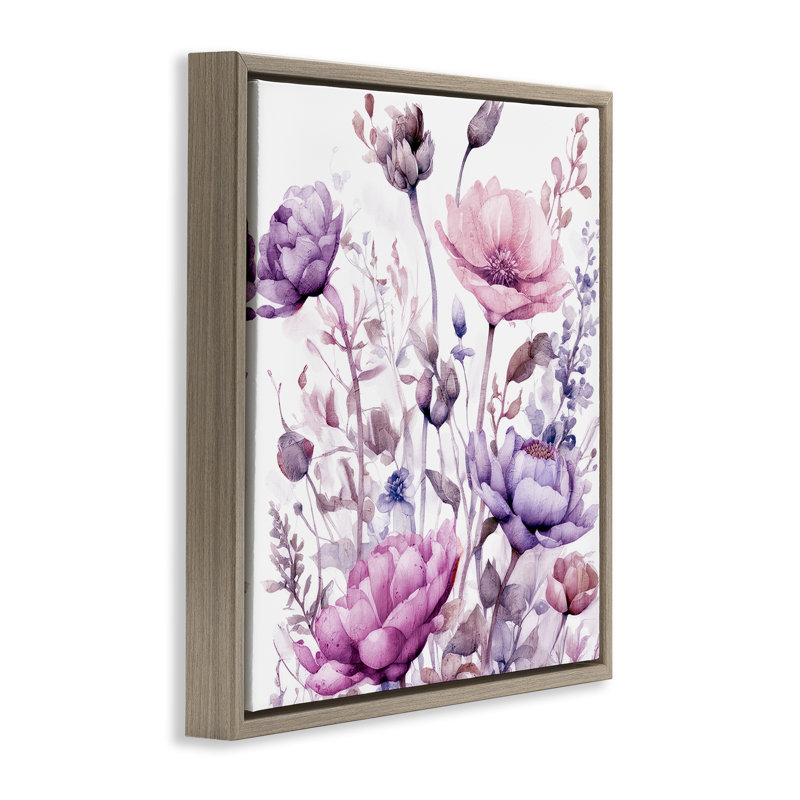 Cadre flottant fleurs mauves et roses, design par Kim Lewis, Montalcino orme flottant encadré, H 18 po x l 18 po