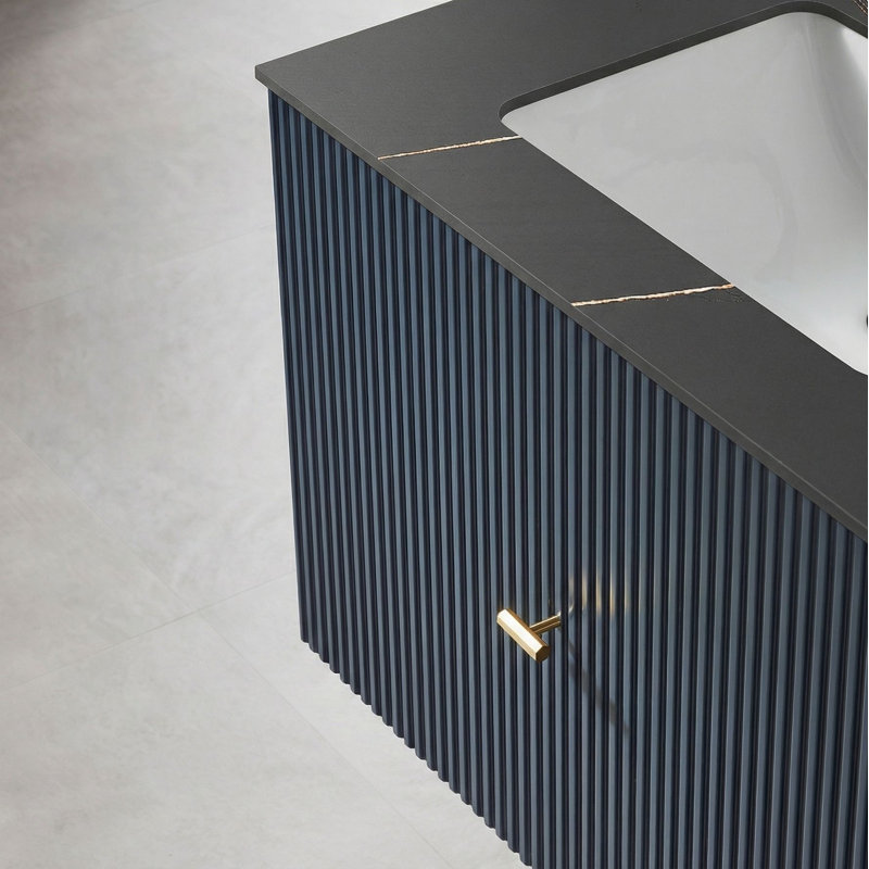 Meuble-lavabo mural moderne Jamell, Bleu très foncé, Noir