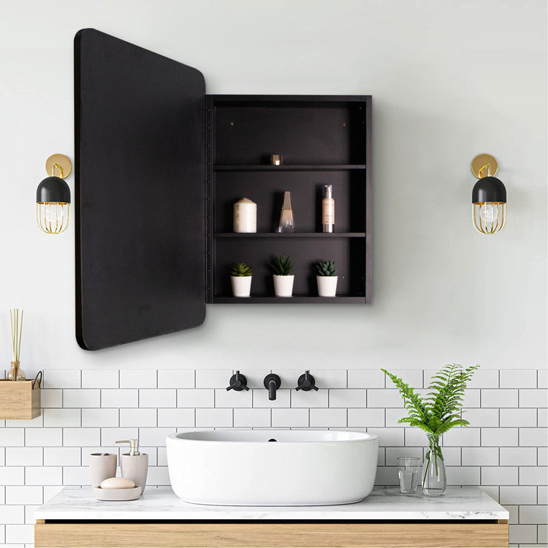 Armoire à pharmacie murale ou en métal avec miroir, H 28 po x l 20 po x P 4,9 po, Argenté / Noir