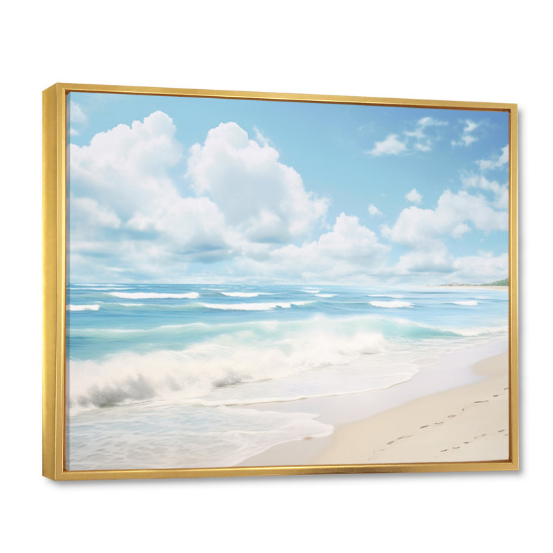 Paysage de plage minimaliste III - reproduction sur toile, Cadre flottant doré, H 12 po x l 20 po x P 1 po
