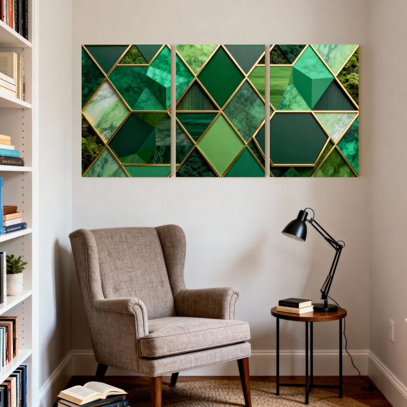 Ensemble de 3 tableaux sur toile à motif géométrique vert représentant la nature, H 30 po x l 60 po