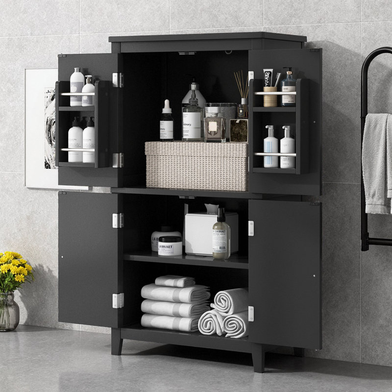 Luxury 4-Door Bathroom Floor Cabinet, 43.3" Freestanding Storage Unit with Adjustable Shelf, Multi-Organization Cabinet for Bathroom & Office