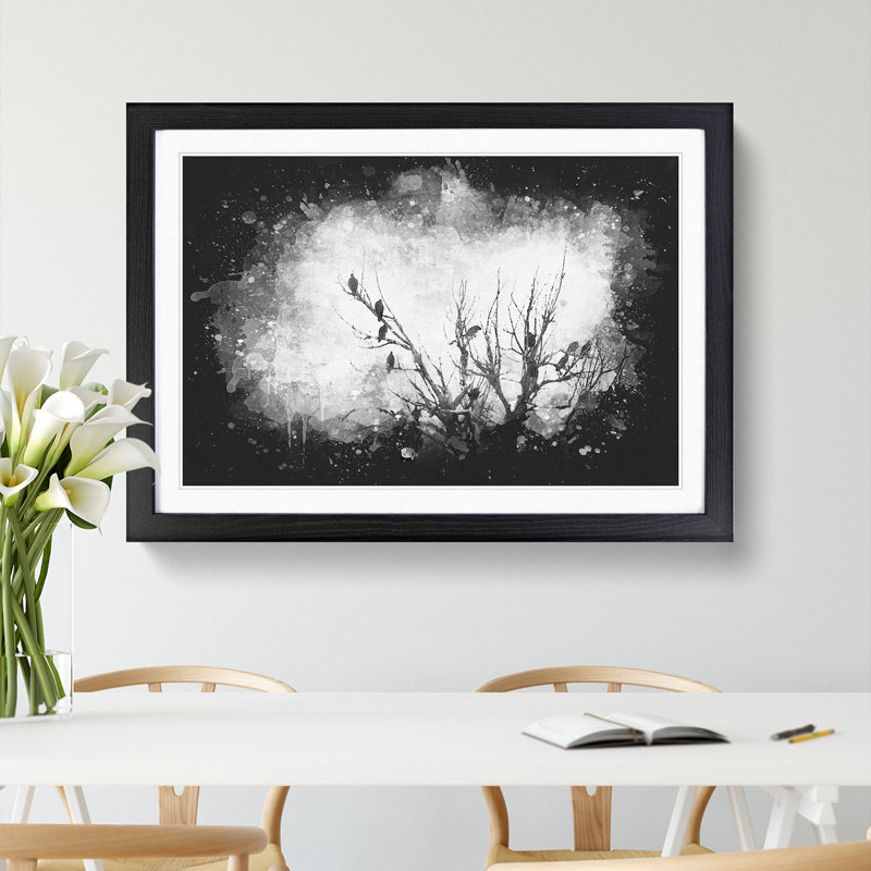 Birds In The Trees Paint Splash - Framed Print, 24cm H x 33cm W x 2cm D, Black