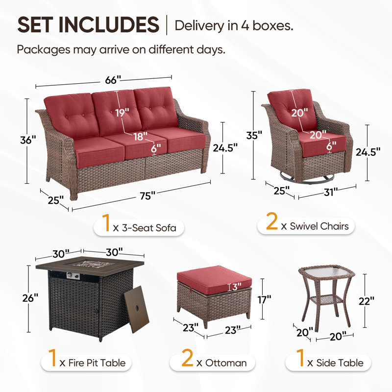 Elona 7-Piece All-Weather Outdoor Wicker Square Fire Pit Conversation Set With Swivel Gliders, Ottomans And Side Table For Patio
