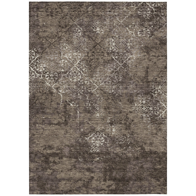 3' X 5' Brown And Ivory Floral Washable Indoor Outdoor Area Rug