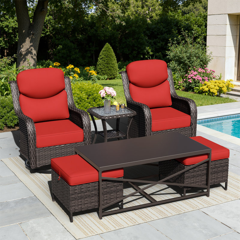 Adcox 2-Person Outdoor PE Wicker Patio Furniture Set with Swivel Chairs,Ottomans,Tables & Red Cushions, Red
