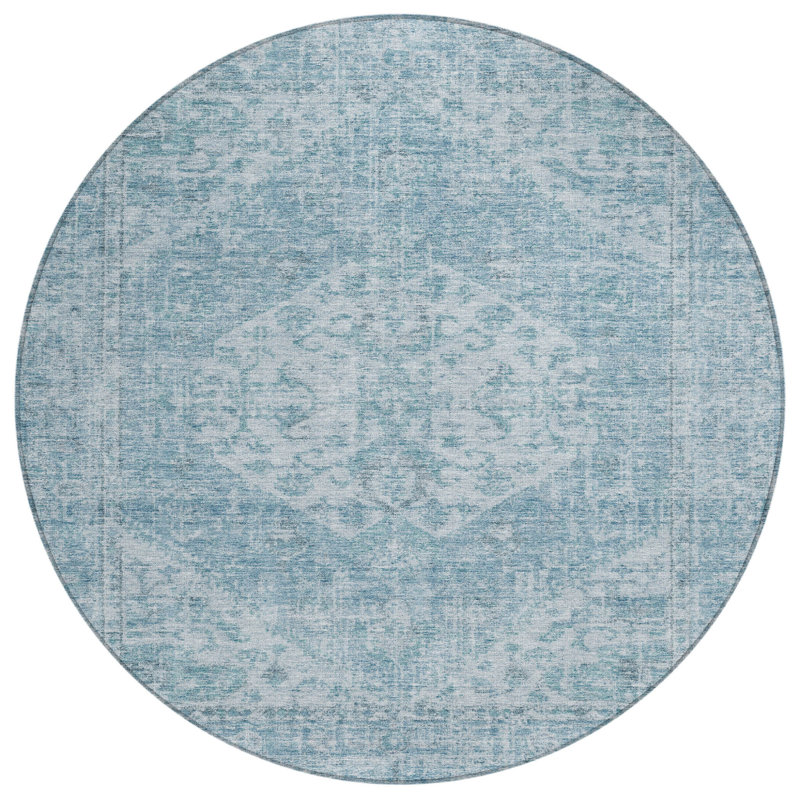 Tapis rond lavable intérieur / extérieur bleu ciel et ivoire 8 pi