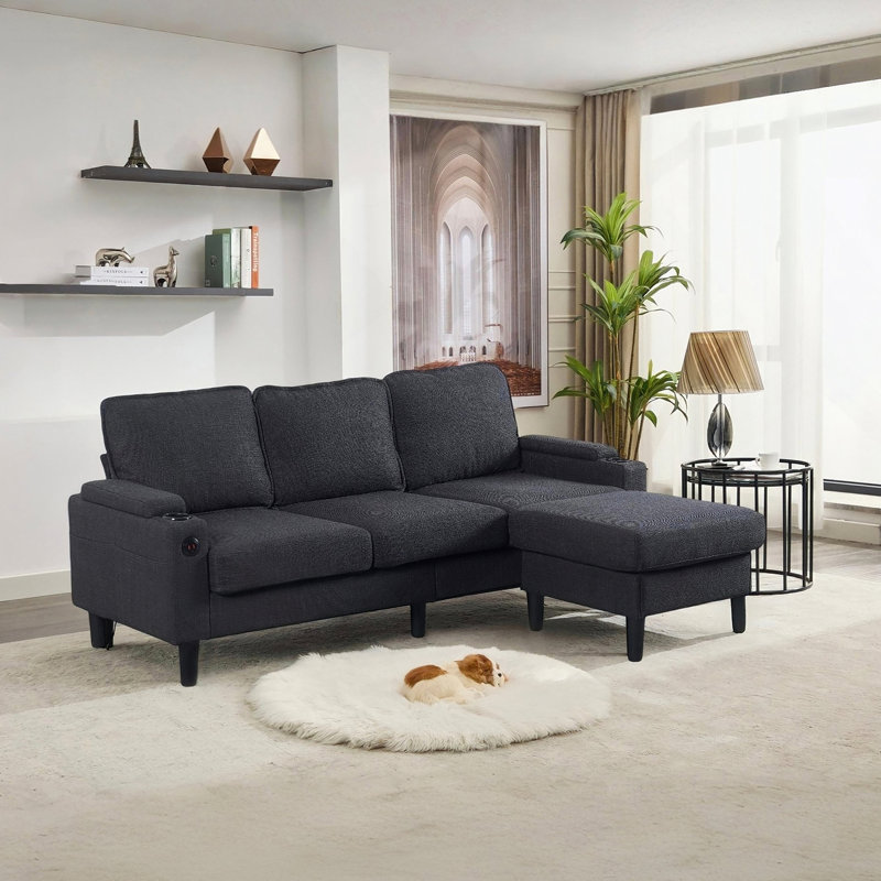 Canapé 3 places avec repose-pieds, canapé modulaire, banc en L et repose-pieds, Gris foncé