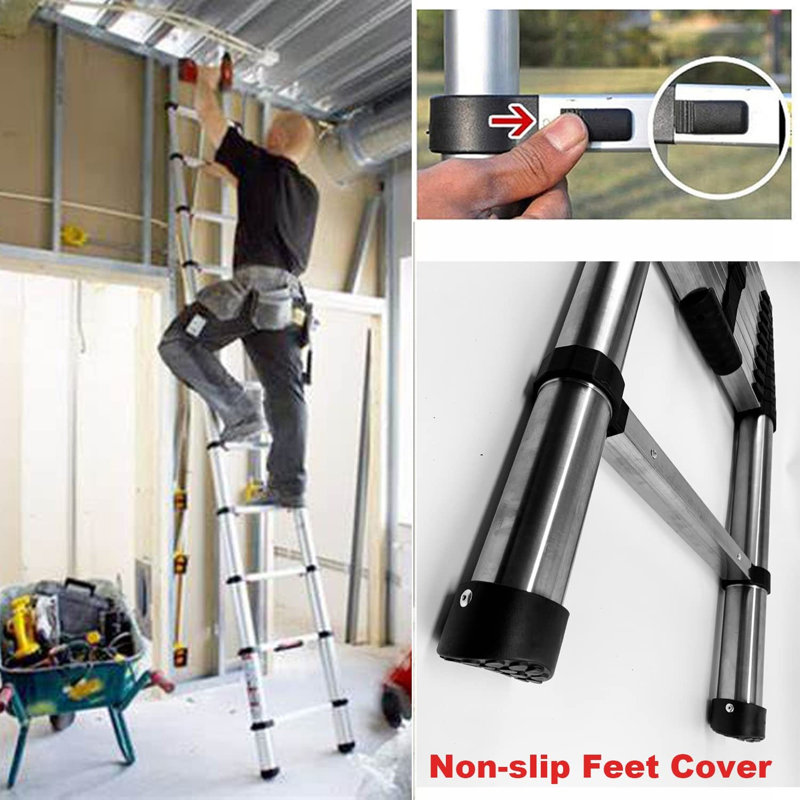 Telescopic Ladder 3.8M Stainless Steel Extension Multi-Purpose Portable Loft Step Ladder with Non-Slip Rubber Feet 150kg Capacity