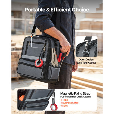 Sac à outils portatif de 33,5 cm (13,2 pouces) avec 34 poches, grande boîte à outils de rangement et de transport, base rigide en plastique, grande fermeture éclair, bandoulière réglable. Parfait pour les hommes, les femmes, les pères et les maris. Parfait pour la fête des pères.