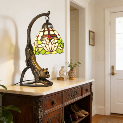 15.5" Tiffany Style Dragonfly Lotus Stained Glass Table Lamp With Cat-Shaped Base (Bulb Include)