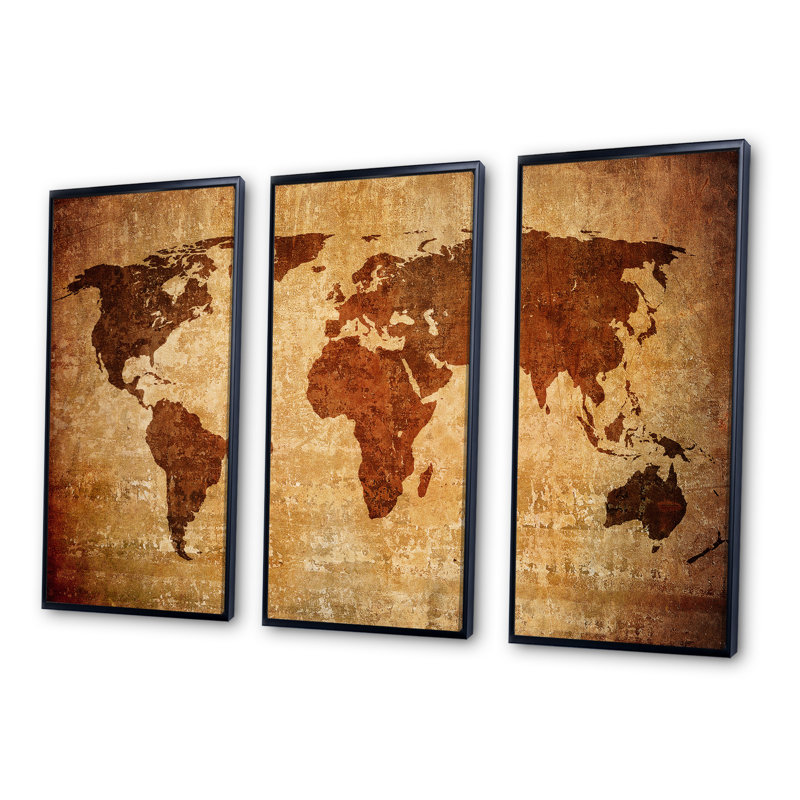 Ancienne carte du monde, impression sur toile flottante 3 pièces, Noir, noir, noir, noir, H 20 po x l 36 po