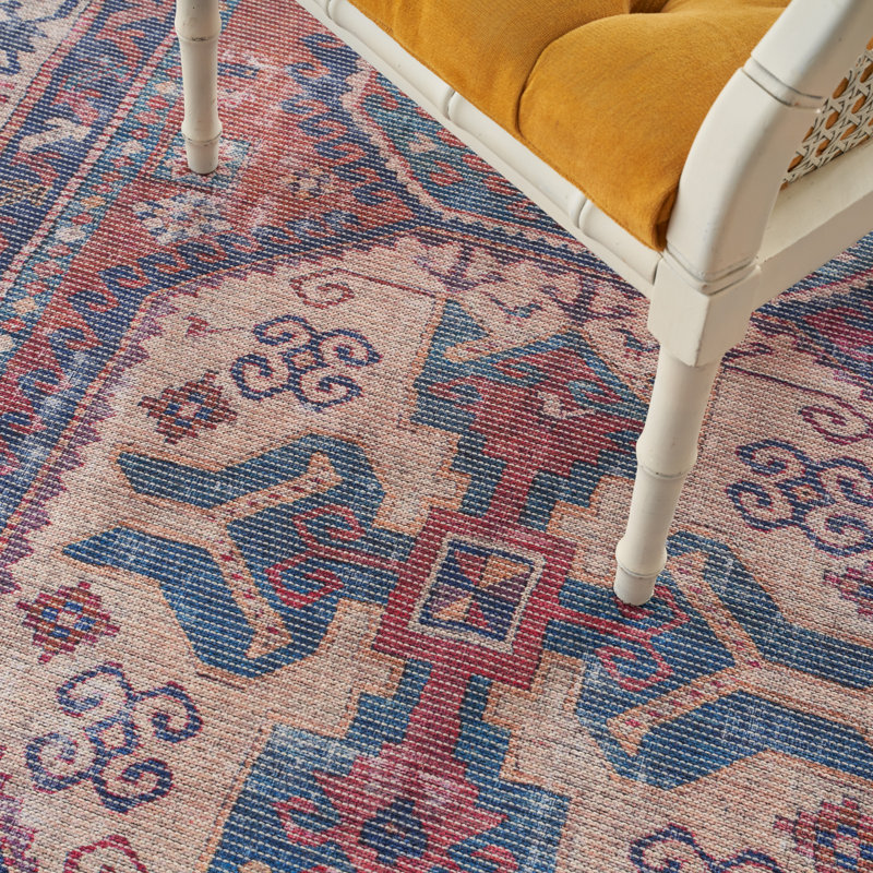 Machine Washable Southwestern Navy/Muted Red/Beige Area Rug, Rectangle 6' x 9'