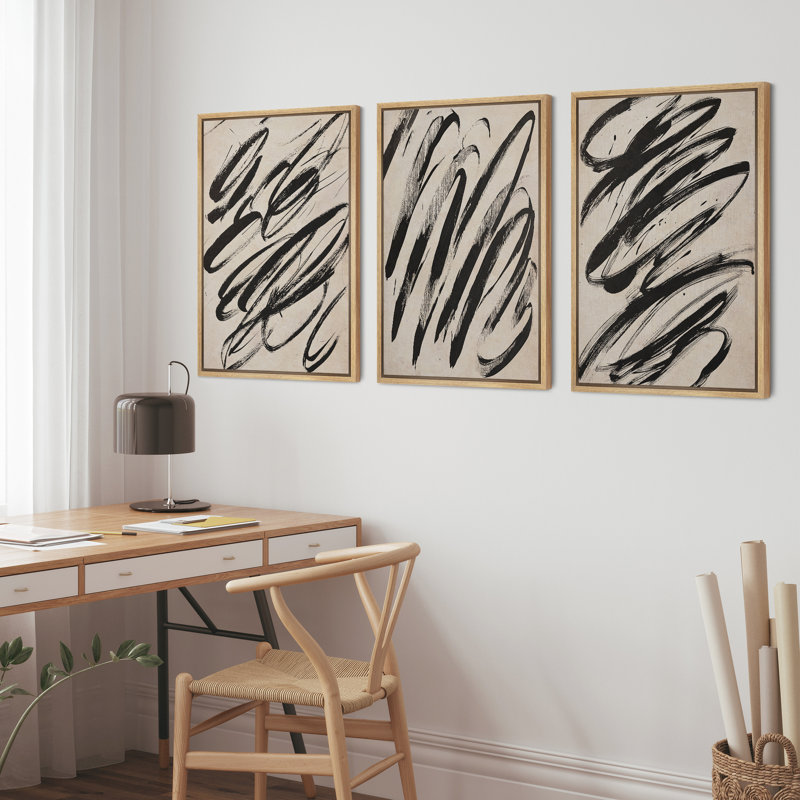 «Abstract Neutral Black Paint», ensemble de 3 reproductions d'art encadrées sur toile, H 36 po x l 24 po, Naturel