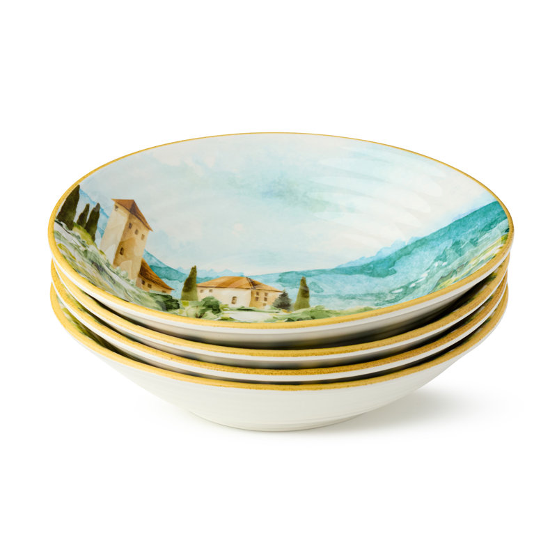 Ensemble de bols à pâtes en grès 4 pièces Tuscany - Design rustique d'inspiration italienne avec scène de vignoble imprimée - Parfait pour les pâtes, les salades, les soupes et les dîners de semaine douillets