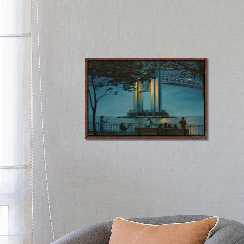 Verrazano Bridge At Dusk by Nick Savides - Painting on Canvas, Classic Brown Wood Framed, 66.04 cm H x 45.72 cm W