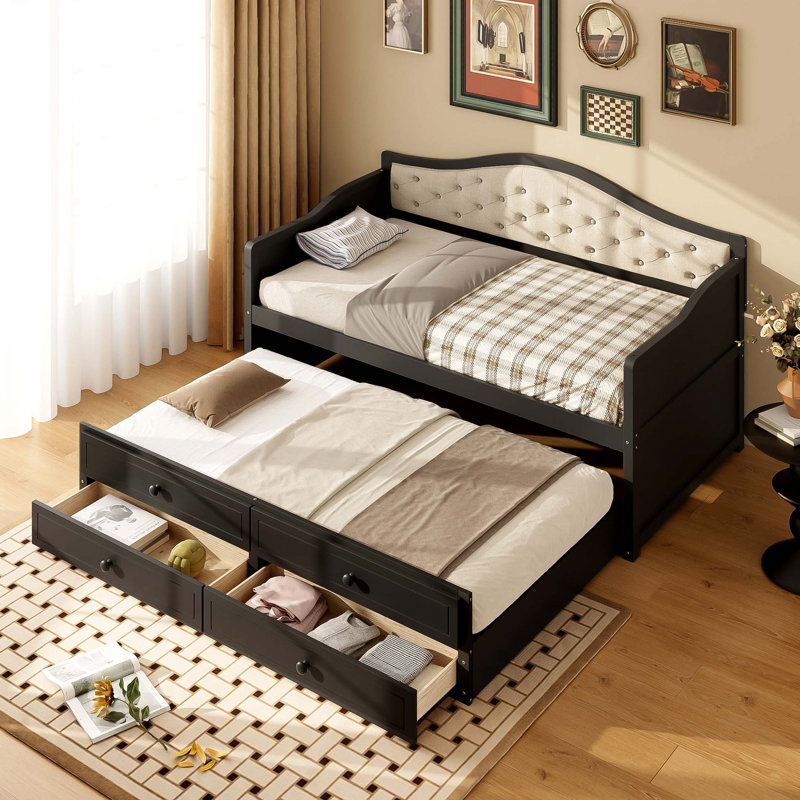 Twin Daybed with Pull-Out Trundle and Dual Storage Drawers, Black