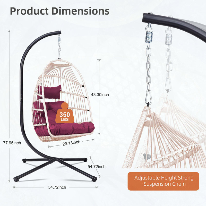 Fauteuil à œufs suspendu avec support, structure en aluminium et acier et capacité de 350 lb