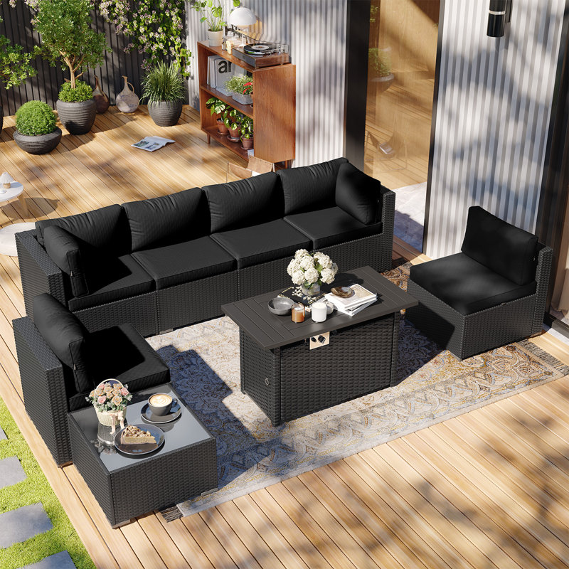8-Piece Patio Furniture Set with Propane Gas Fire Pit Table, Black, Navy