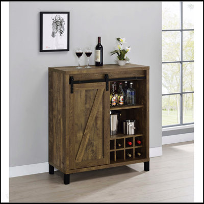 Arcata Rustic Sliding Door Bar Cabinet With Spacious Storage And Wine Bottle Holders, Perfect For Farmhouse Style Entertaining.