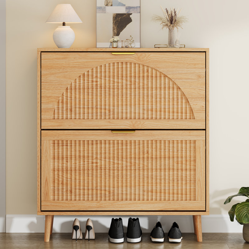 16 Pairs Shoe Cabinet with 2 Flip Drawers and Adjustable Shelves, Narrow Wood Shoe Storage with Fluted Arched Front, Beige