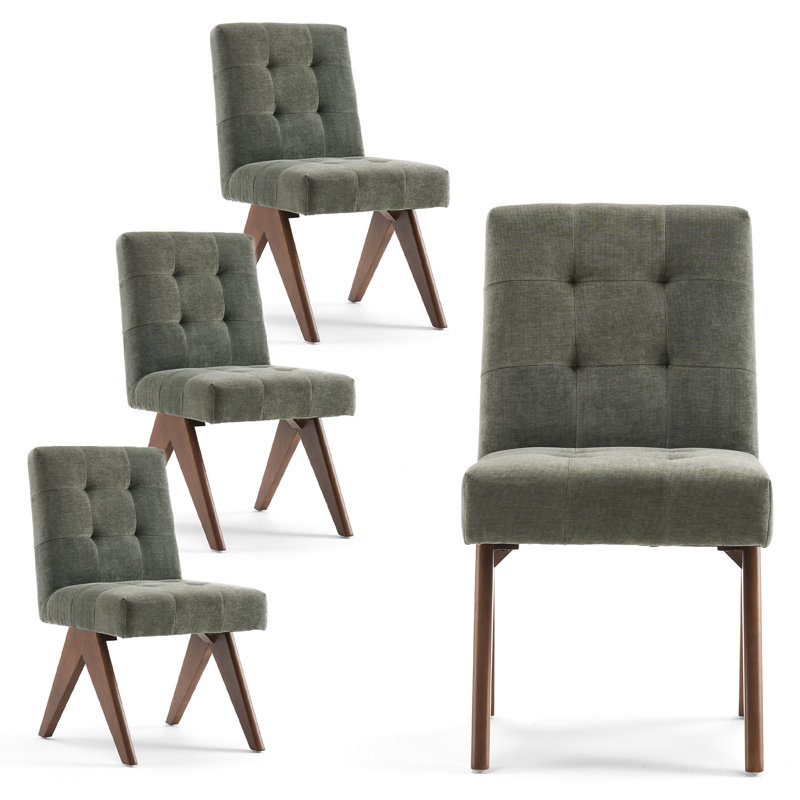 Turfed Linen Upholstered Dining Chair Armless Parsons Side Chair With Solid Wood Legs, Green