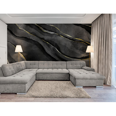 Black Marble Style Wallpaper Wall Mural, Natural Stone Mural with Gold Shades, Peel and Stick Wallpaper for Bedroom, Living Room, Entryway, Suitable For All Textured Walls