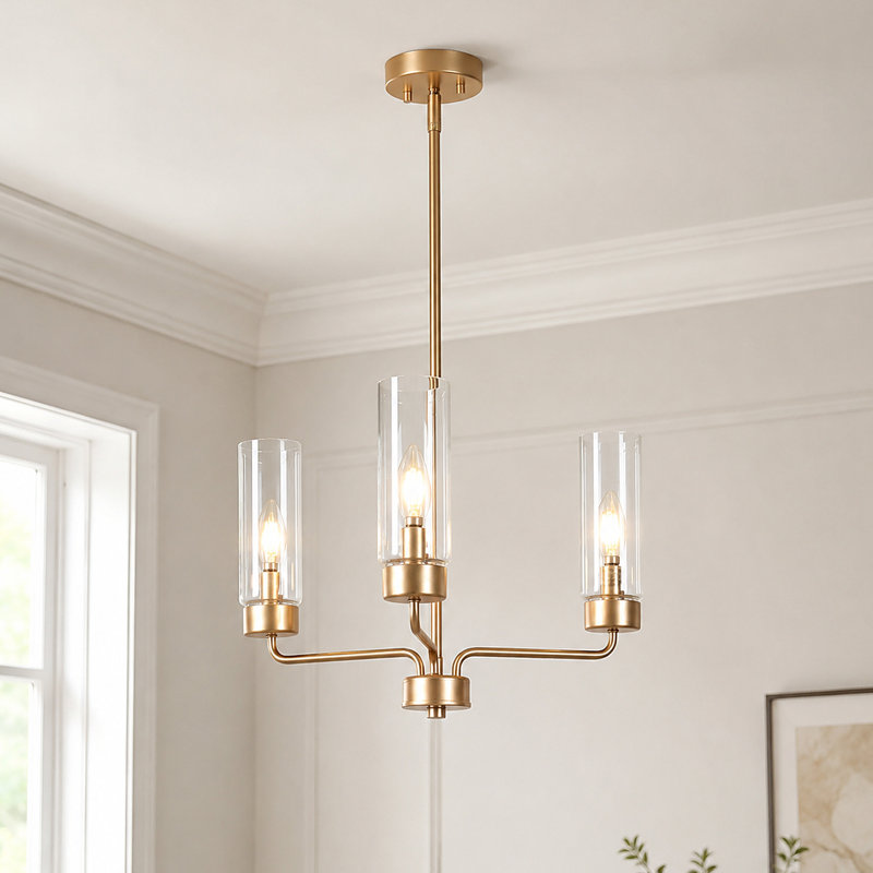 Lustre cylindrique moderne en verre à 3 lumières avec variateur, Doré