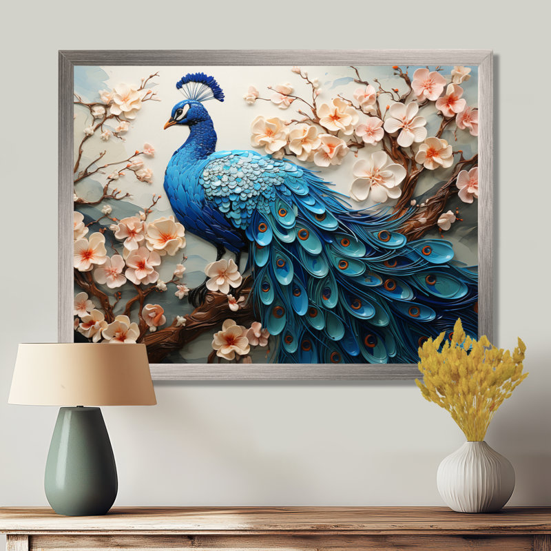 «Flower Peacock S Vibrant Show II», art mural sur toile paon, Cadre simple argenté, H 24 po x l 32 po x P 1 po